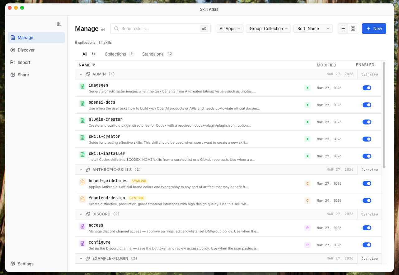 Skill Atlas — Manage view